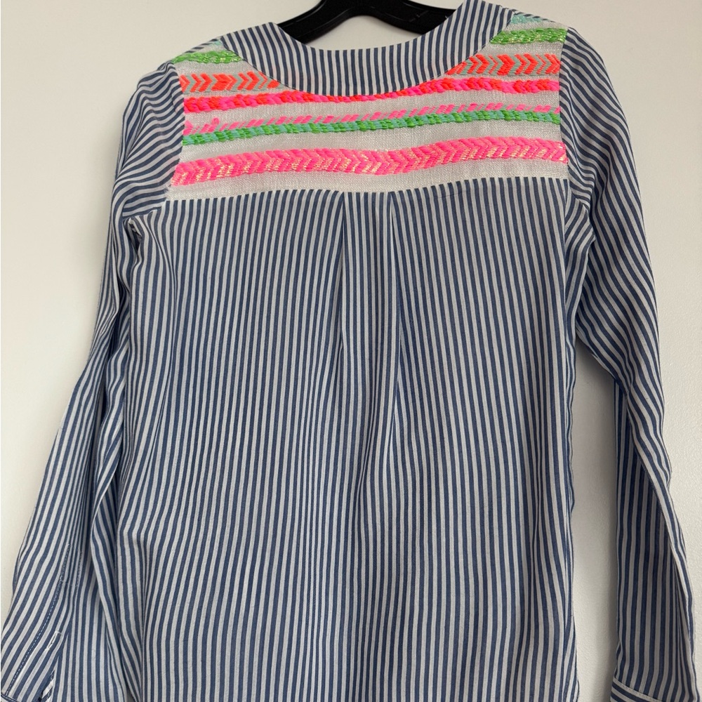 Vilagallo Back Yoke Embroidery Blue Striped Shirt